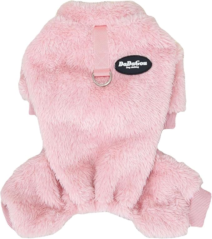 Fleece Small Dog Sweater Jumpsuit with Pull Ring | Stretchy 4-Leg Warm Onesie | Winter Clothes for Dogs and Cats (Pink, Large)