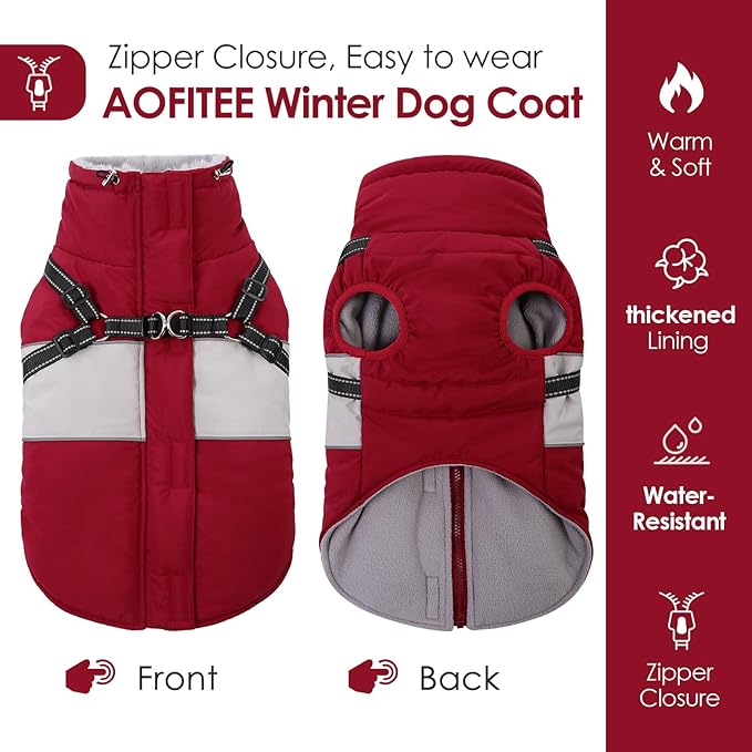 AOFITEE Dog Winter Coat, Dog Christmas Sweater, Dogs Coat with Harness Built in, Warm Jacket for Large Dogs, Reflective Waterproof Pet Puffer Jacket Snowsuit Windproof Pet Sweater, Burgundy XL