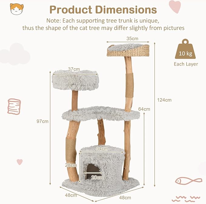 PETSITE 49 inch Cat Tree for Indoor Cats, Cute Solid Wood Modern Multi-Level Cat Tower with Scratching Posts, Top Cattail Basket Cat Bed, Side Perch, Large Platform, and Condo (Grey)