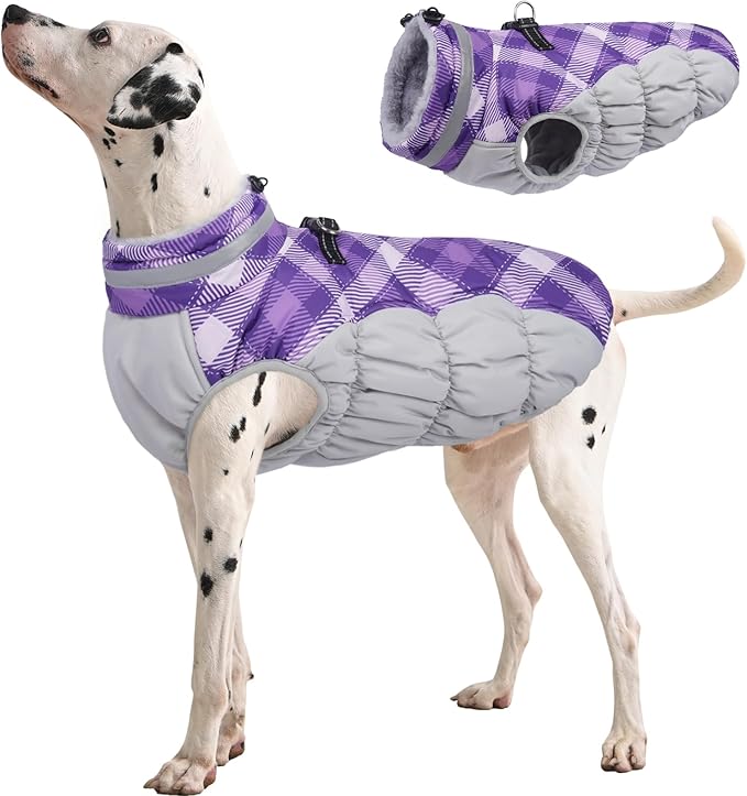 FUAMEY Dog Coat for Large Dogs,Waterproof Dog Winter Jacket with Harness Built in Puppy Cold Weather Coats Reflective Pet Vest with Zipper Warm Fleece Dogs Snowsuit Windproof Purple Plaid L