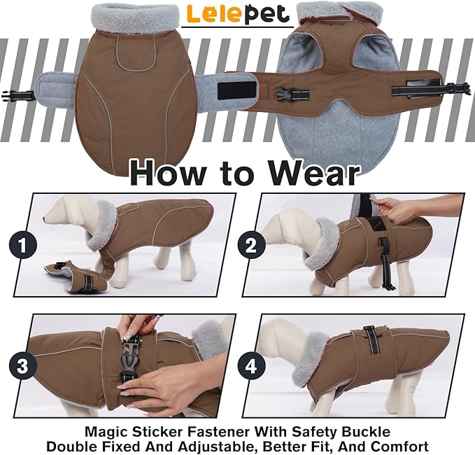 Lelepet Warm Dog Coats for Large Dogs Waterproof Dog Jacket Reflective Pet Fleece Vest Windproof Cold Weather Coats with Adjustable Buckle & Leash Hole, Brown, XXXL