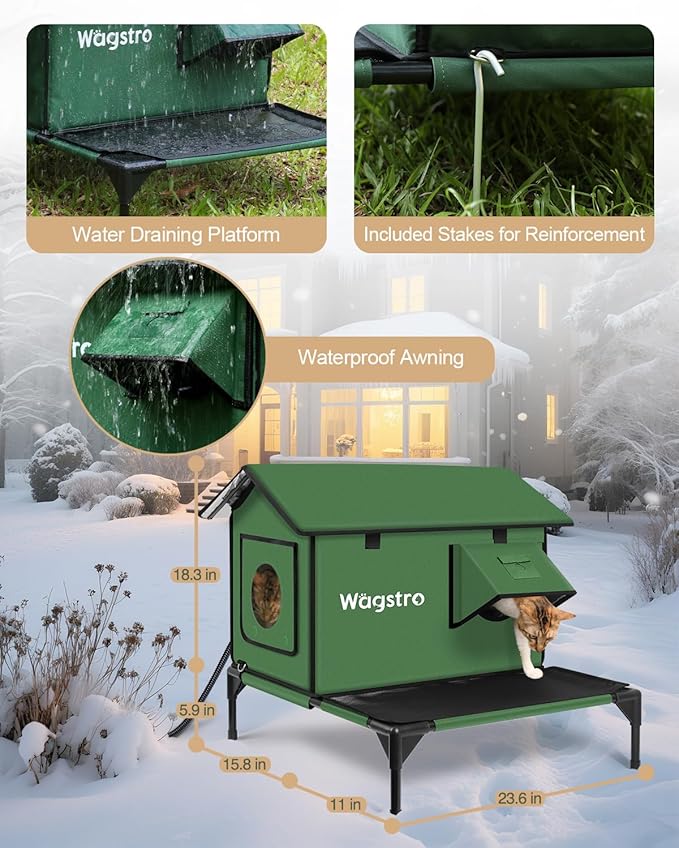 Wagstro Large Heated Cat House for Outside with Dampless Deck, Highly Elevated, Exit-Only Door, Waterproof Insulated Outdoor Cat Shelter for Feral Stray Barn Cat