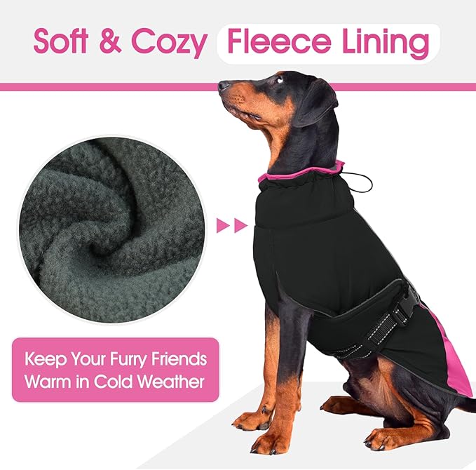 Dog Coat for Small to Large Dogs – Water Resistant Jacket with Soft Fleece Lining, Adjustable Fit and Reflective Trim Pink M
