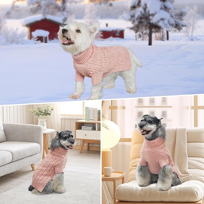 KYEESE Dog Sweater for Small Dogs, Classic Cable Knit Pets Sweater for Small Pet Stretchy Dog Coats Turtleneck Pet Sweater with Long Sleeve Dogs Clothes for Cold Weather, Pink, Large