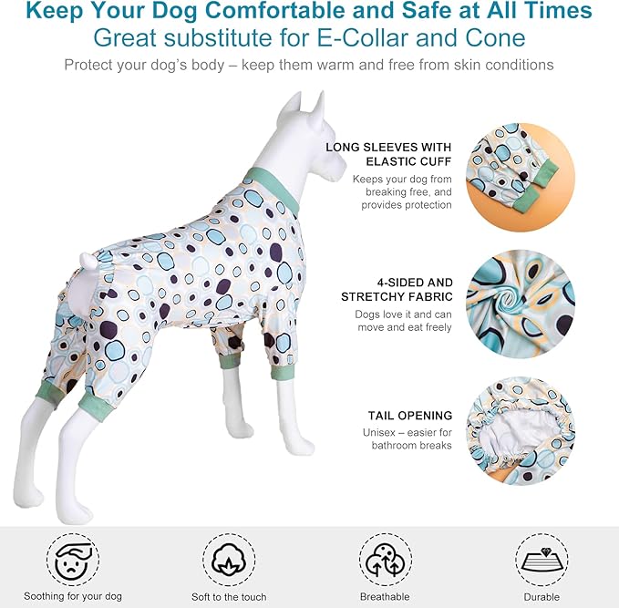 LovinPet Large Dog Pjs - Anti Licking & Anxiety Calming Dog Clothes, All Season Lightweight Stretchy Fit, Bullseye Melon Print, Pet Pajamas for Dogs, Pitbull Clothes, Grey L