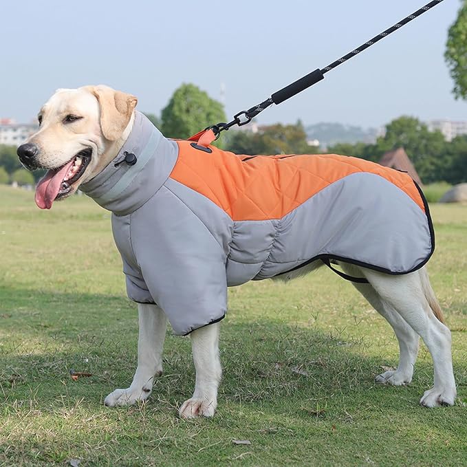 Dog Coats for Large Dogs, Warm Winter Coat with Built-in Harness & D-Ring, Reflective Turtleneck Waterproof Snow Jacket, Back Zipper Fleece Vest for Cold Weather (Grey Orange, 4XL)
