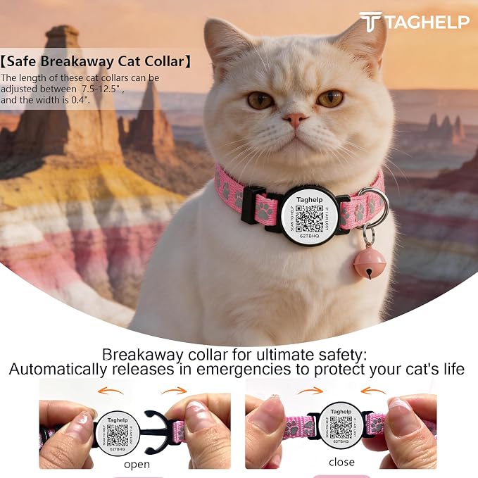 Smart Safety Cat Collar 2-Pack: Luminous Night Glow & QR Code Pet ID Tag, Breakaway Reflective Adjustable Collar (7.5-12.5”) for Indoor/Outdoor Cats, Pink