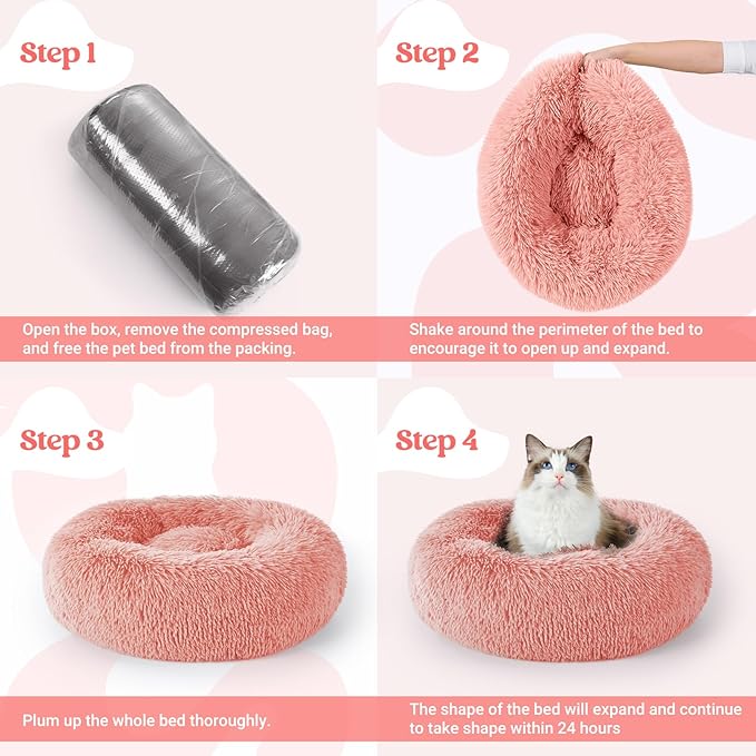 rabbitgoo Cat Beds for Indoor Cats, 20 inches Cat Bed Machine Washable, Fluffy Round Pet Bed Non-Slip, Calming Soft Plush Donut Cuddler Cushion Self Warming for Small Dogs Kittens, Light Pink, Medium