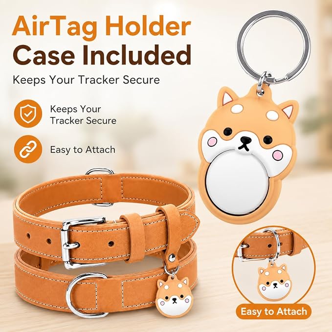 Genuine Leather Dog Collar, Soft Padded Leather Dog Collars with Airtag Holder Case for Small Medium Large X-Large Dogs,Comfort Heavy Duty Pet Collar with Durable Metal Buckle & D-Ring-Khaki/XL