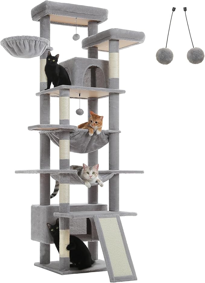 MUTTROS 81" Heavy Duty Cat Tree for Large Cats up to 20lbs - Extra Tall Cat Tower with Metal Frame Hammock, 6 Sisal Scratching Posts, 2 Perches - Indoor Cat Furniture for Maine Coon, Big Cats, Gray