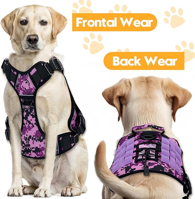 Heavy-Duty Tactical Dog Harness for Large Dogs, No Pull Adjustable Reflective Pet Vest with Molle System, K9 Military-Grade Control for Service Training, Outdoor & 10+ Breeds, Purple Camo, XX-Large