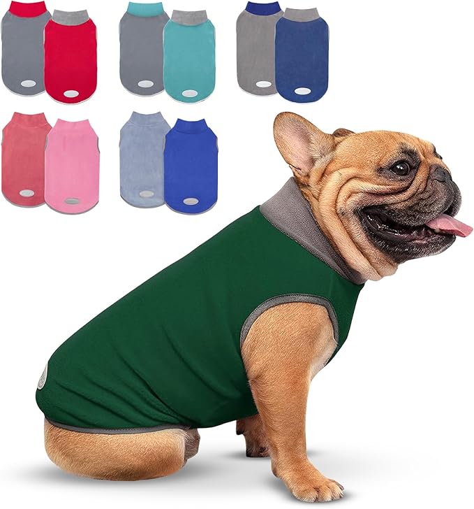 cyeollo 2 Pack Dog Sweaters Stretchy Fleece Sweatshirt with Reflective Stripe Pullover Stretchable Sweater Dog Clothes for Small Puppy Dogs Cats Size S Green & Grey