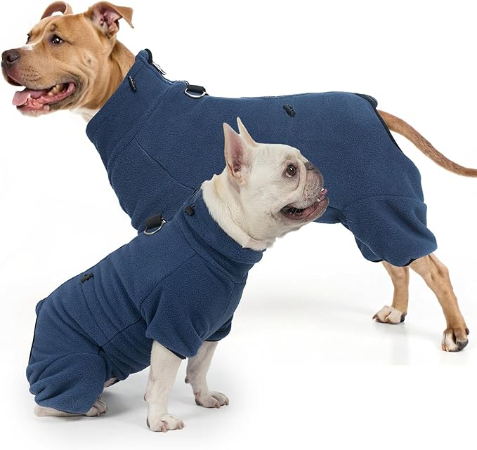 SCENEREAL Fleece Dog Winter Coat with Harness Built in, Soft Pajamas Warm Dog Sweater, Cold Weather Pet Jacket Jumpsuit Apparel Outfit for Small Medium Dogs Walking Hiking Sleep, Navy SM