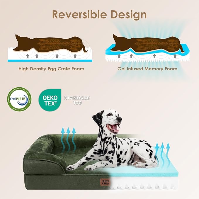 EHEYCIGA Orthopedic XL Dog Beds, Waterproof Memory Foam Dog Bed for Extra Large Dogs, Non-Slip Bottom and Egg-Crate Foam Big Pet Couch Bed with Washable Removable Cover, Dark Green