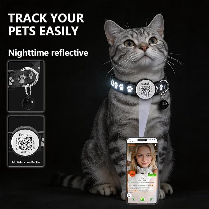 2 Pack Airtag Cat Collar, Breakaway Cat Airtag with Smart ID tag & QR Code Reflective (Star Moon & Paw Pattern - Blue, Collar Only)