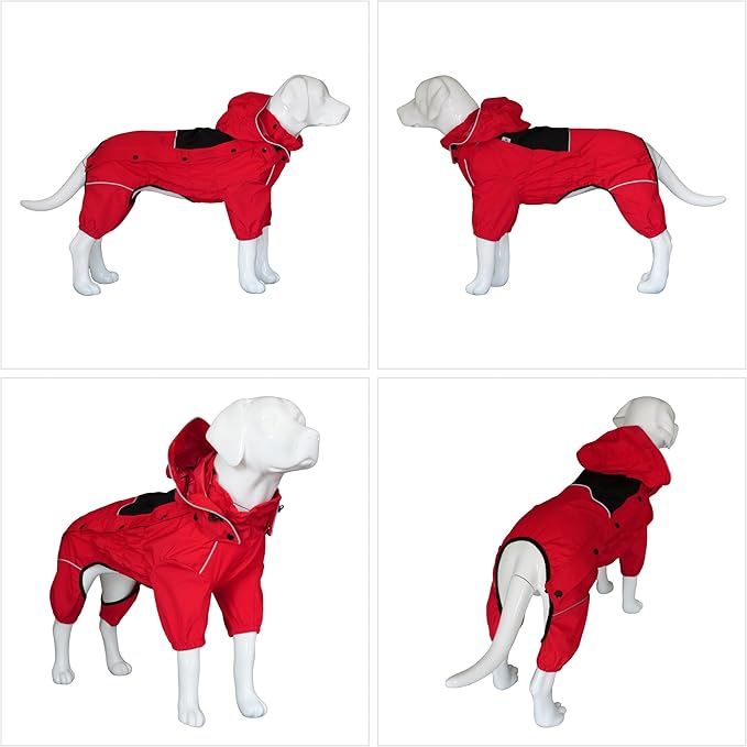LOVELONGLONG Waterproof Dog Raincoat with Removable Hood – Outdoor Full Body Dog Jacket, Windproof Snowproof Shell Suit – All Season Pet Rain Gear Red M