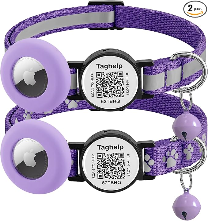 2 Pack Airtag Cat Collar, Breakaway Cat Airtag with Smart ID tag & QR Code Reflective (Reflective Strip & Paw Pattern - Purple, with Integrated AirTag Holder)
