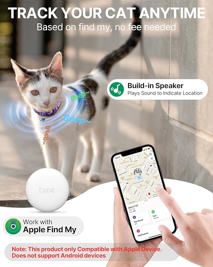 Cat Tracker Collar - Waterproof Airtag Cat Collar with Finder Tag (iOS ONLY), Compatible with Apple Find My, Breakaway Tractive Design with Reflective Pattern & Bell, Purple(Not for Android Devices)
