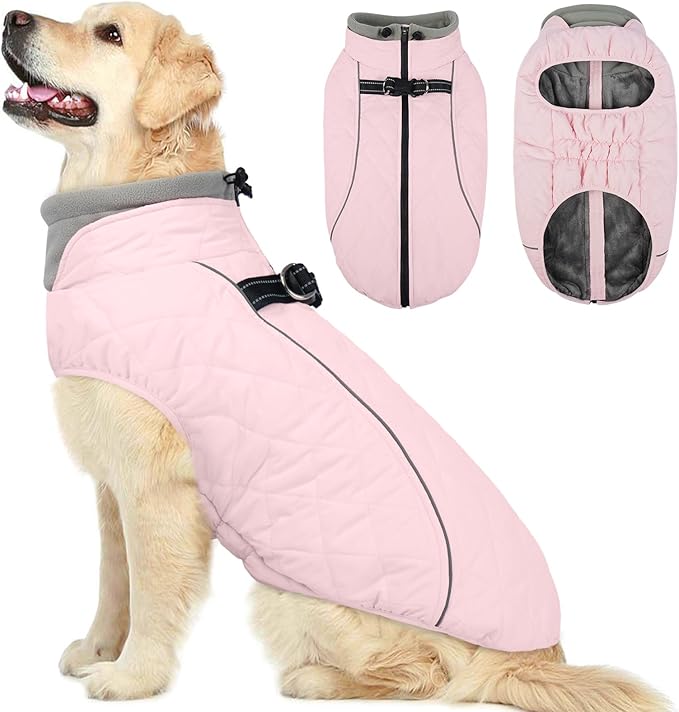 QBLEEV Dog Coat for Large Dogs, Winter Warm Fleece Vest, Waterproof & Windproof with Adjustable Fit, Built-in Harness, Reflective Trim & Zip-Up for Safe Cozy Walks — Pink, XXL, for Labrador, Husky