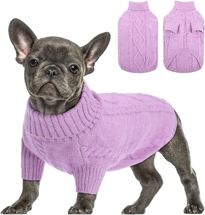 Queenmore Small Dog Pullover Sweater, Cold Weather Cable Knitwear, Classic Turtleneck Thick Warm Clothes for Chihuahua, Bulldog, Dachshund, Pug (Lilac, X-Large)