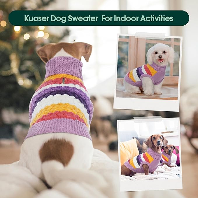 Kuoser Dog Sweater, Warm Dog Sweaters for Small Dogs Pet Christmas Outfit, Soft Puppy Holiday Sweater with Harness Hole Thermal Pet Winter Clothes Doggy Pullover Jumper for Dogs Boy Girl, Purple S
