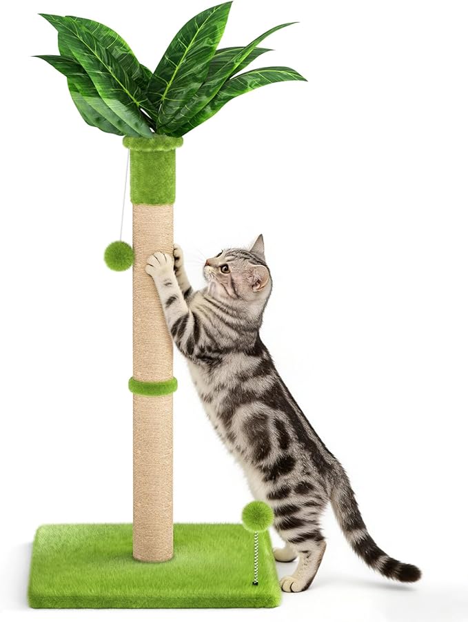 XiaZ Cat Scratching Post 34'' Tall, Cat Scratchers Tree Tower for Indoor Kitty with Extra Wide 15.8" Stable Base and 2 Toy Balls, Natural Sisal & Plush Fabric for Small, Medium Cats (Green, 2.8in)