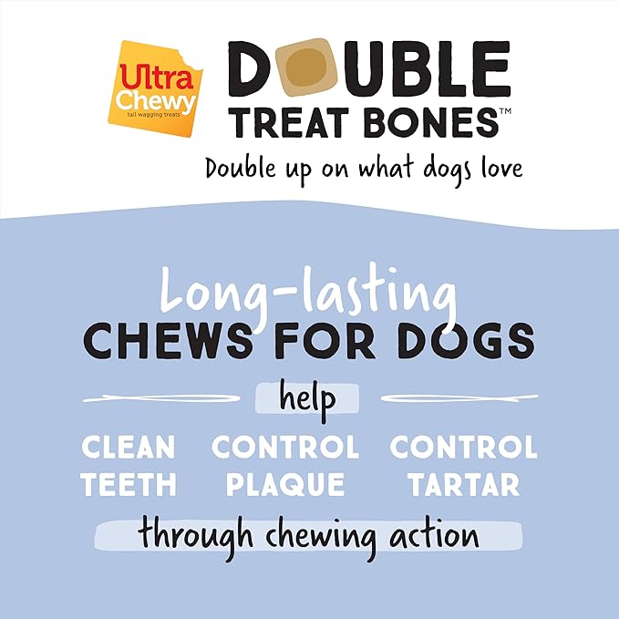 Ultra Chewy Yogurt with Blueberry Double Treat Bones: Long-Lasting Dog Treats Made in USA for Large and Small Breeds, Highly Digestible (24 Count)