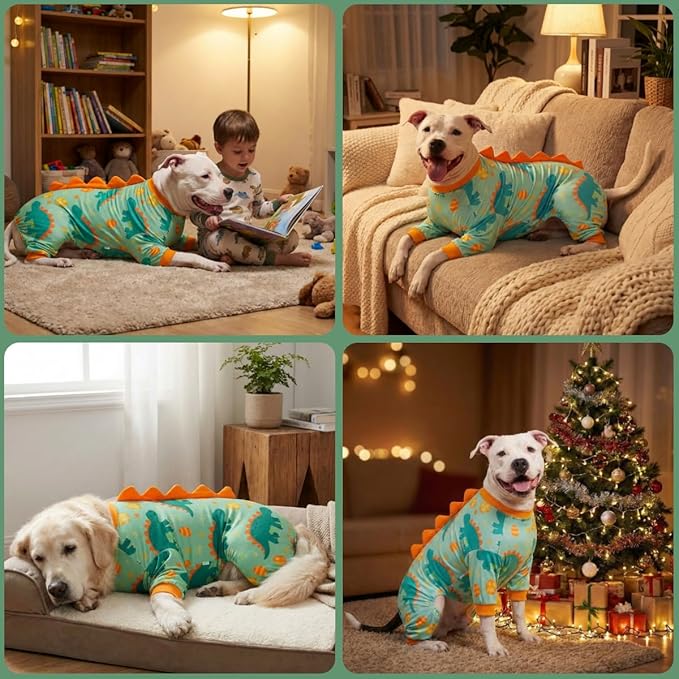 LovinPet Large Dog Pajamas, Four-Leg Stretch Onesie Bodysuit, Lightweight UV-Shielding Pajamas, Anti-Lick Calming Recovery Suit for Surgery, Pull-On for Medium and Large Breeds,Green Orange,L