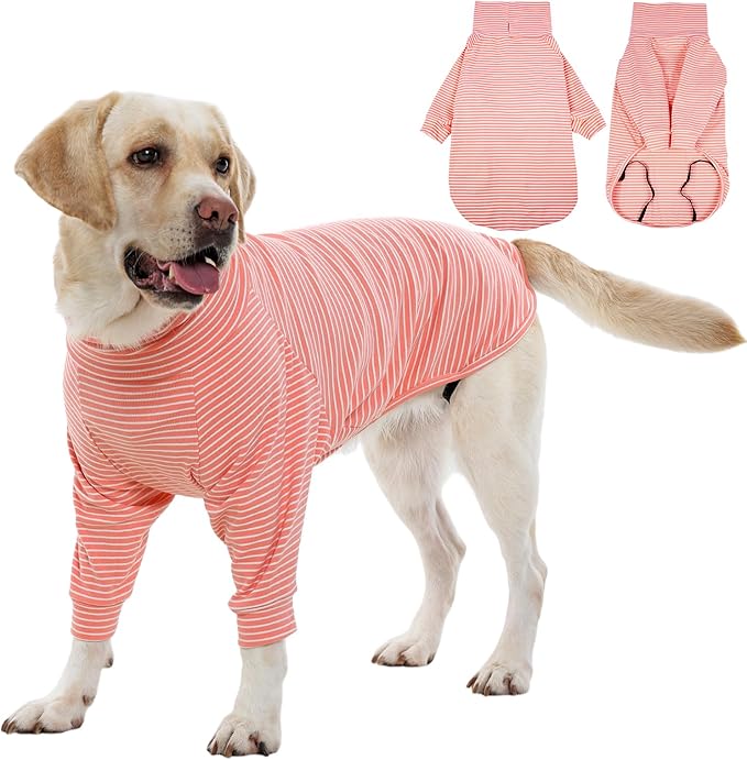 ROZKITCH Striped Dog Pajamas for Large Dogs Male Girl, Lightweight Fleece Shirt with Leash Hole, Soft Jumpsuit Loungewear for Indoor Outdoor Dailywear for Pit Bull Terrier, Siberian Husky PinkWhite XL