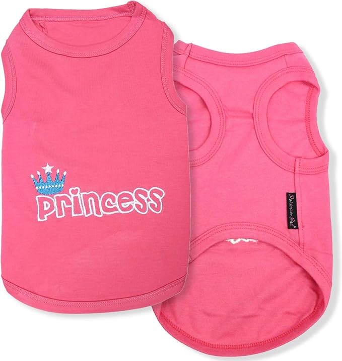 Parisian Pet Dog T-Shirt - Embroidered ' Princess' Breathable Pink Dog Shirt - Sleeveless Pet Vest - Princess Dog Clothes - Machine Washable Dog Shirts for Small Dogs - S