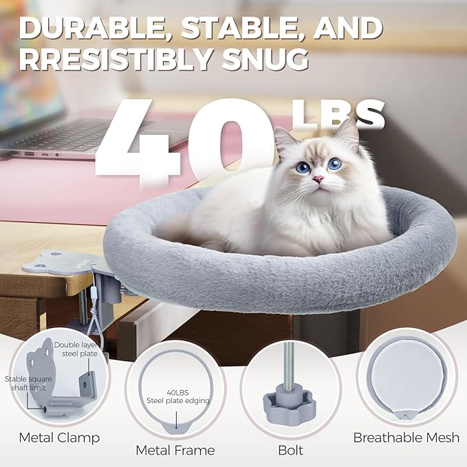Rotating Cat Desk Bed for Remote Workers, Home Office Staff and Gamers ，Quality Soft Cat Bed, 360° Swivel, Removable Washable Cushion, Comfortable and Easy to Assemble, Supports up 40 lbs(Dark Gray