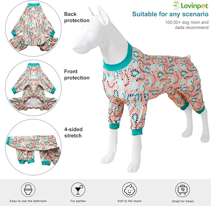 LovinPet Pitbull Dog Pjs for Large Dogs, Pet Anxiety Relief Pajamas, Sun Protection Dog Shirt Comfy Stretchy Fabric, Pastel Lemur Print, Pajamas for Pitbulls, Pitbull Party Clothes,3XL