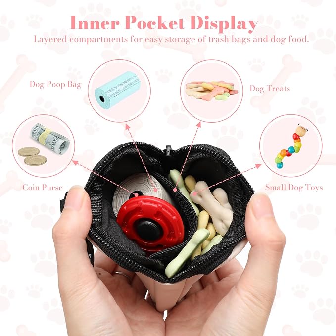Dog Treat Pouch with Training Clicker,Waterproof Nylon Fabric Poop Bag Holders for Leashes,Hands Free Small Dog Walking Bag with Carabiner, Pet Puppy Training Walking Essentials (Beige)