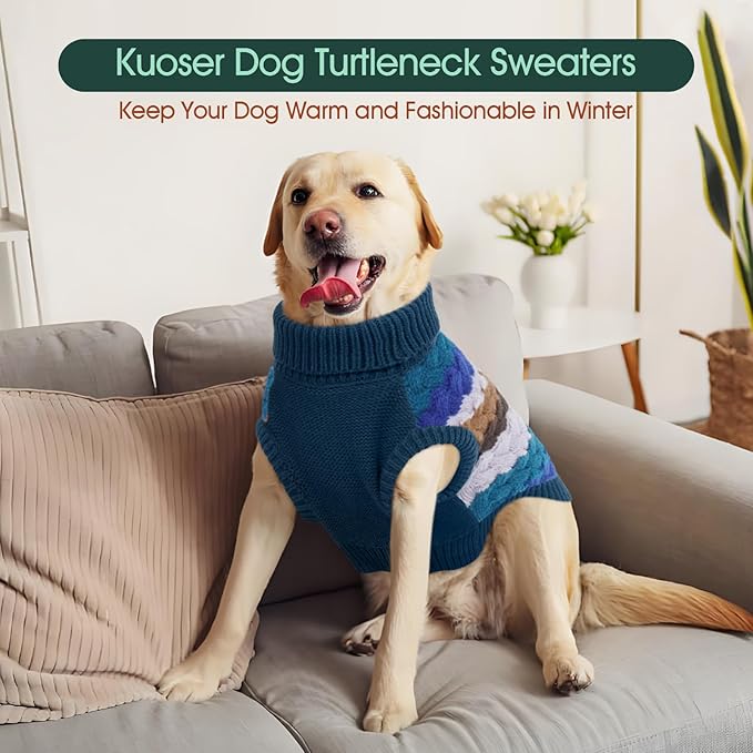 Kuoser Dog Sweater, Thermal Knitted Winter Clothes for Large Dogs, Dog Christmas Sweater Turtleneck Knitwear for Fall Winter, Warm Sweaters for Dogs, Puppy Holiday Pullover Pet Outfit, Blue 2XL