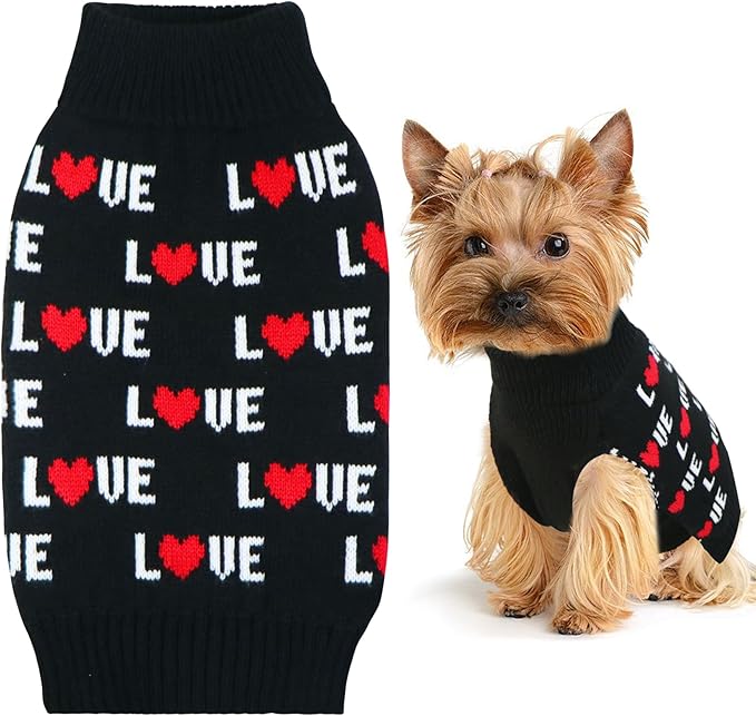 Valentines Dog Sweater, Dog Valentines Clothes Outfit Knitted Sweaters for Small Medium Large Dogs Pets (Black Love, Small)