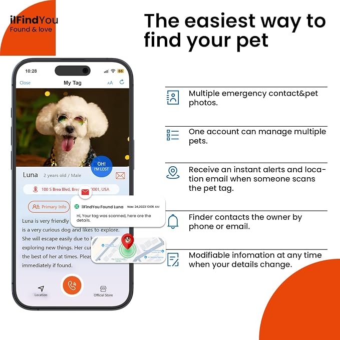 Waterproof AirTag Dog Collar with QR Code Dog Tag, Rose Red M | IP68 waterproof, QR code dog tag, Anti-Lost, Online profile, fits XS-L (8"-26"), Padded nylon, Reflective, No App, No Fees