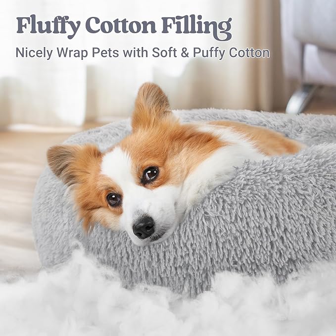rabbitgoo Calming Dog Bed for Small Medium, 30 inches Pet Bed Machine Washable, Non-Slip Round Fluffy Plush Faux Fur Large Cat Cushion, Soft Donut Cuddler Cushion for Small Dogs, Light Grey