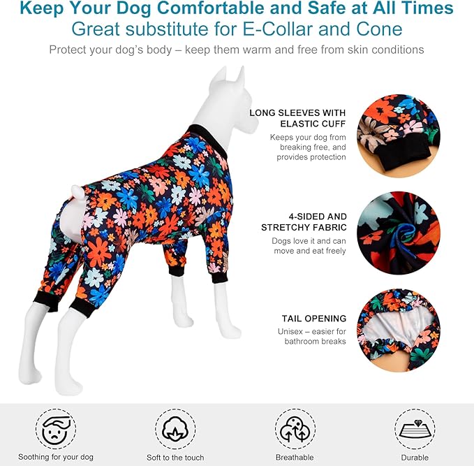 LovinPet Large Dog Clothes, Anti Licking Shirt, Wound Care Dog PJS, Stretchy Skin-Friendly Fabric, Wild Daisy Black Print, Pitbull Clothes, Pajamas for Pitbulls, 2XL
