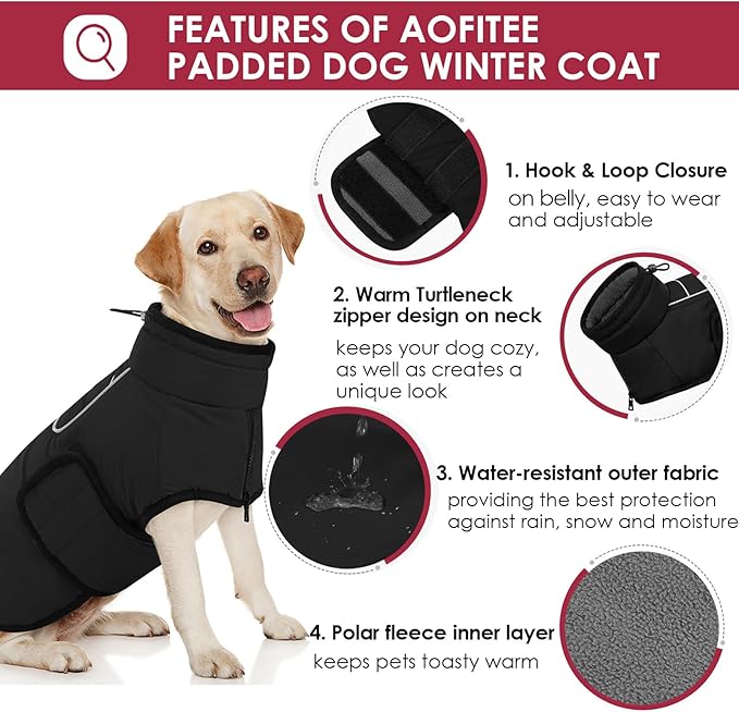 AOFITEE Large Dog Coat, Waterproof Dog Jacket, Dogs Winter Coat with Harness Hole & High Collar, Warm Fleece Pet Snow Jacket for Cold Weather, Reflective Snowsuit for Large Dogs, Great Dane, 3XL
