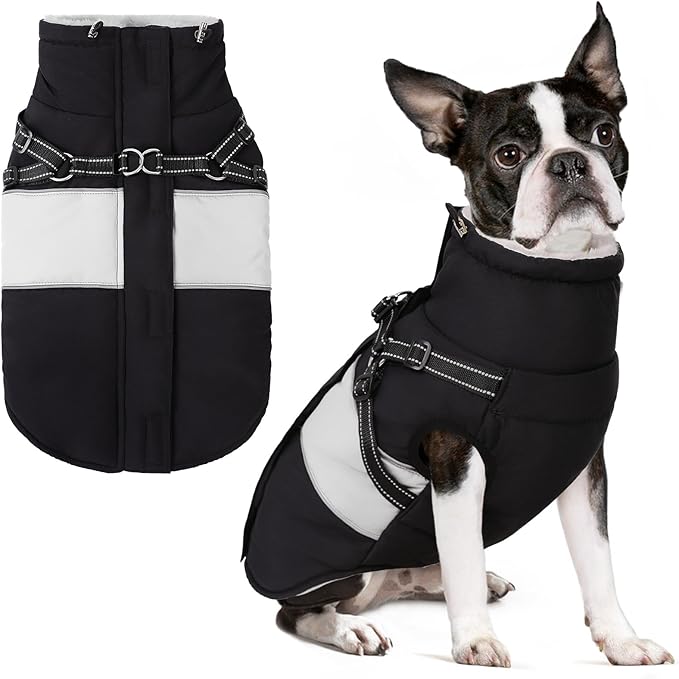 SUNFURA Small Dog Coat with Harness Built in, Warm Dog Jacket Winter with Zipper On Back, Waterproof Pet Snow Jacket Snowsuit Pet Sweater Clothes for Puppy, Black XS