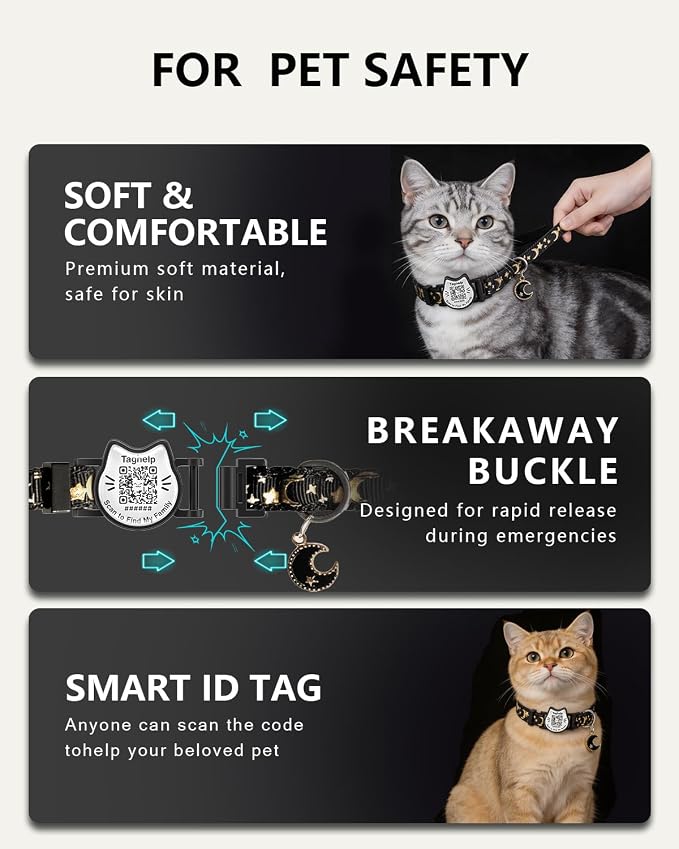 Star and Moon QR Code Cat Collar - Breakaway Safety Reflective Collar with Custom Engraved Tag, Adjustable Personalized Kitten Collar for Pet Tracking & Contact Info, Includes & Secure Buckle(Pink)