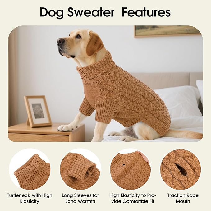 SAWMONG Dog Sweater, Dog Sweaters for Medium Dogs Girls Boys, Pullover Turtleneck Knitted Doggy Sweatshirt, Cold Weather Pet Clothes（Khaki, Medium