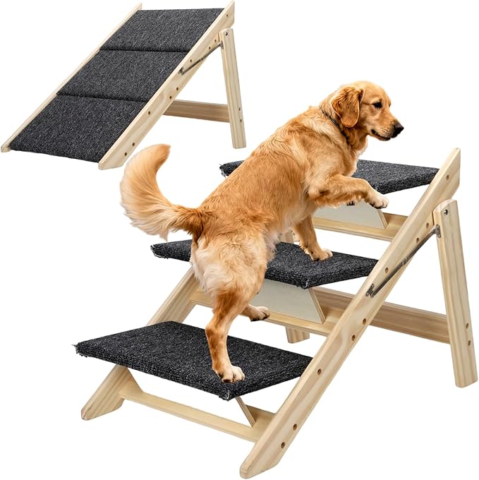 Foldable Dog Stair 2-in-1 with 3 Steps, New Zealand Pine Frame and Non-Slip Carpet Suitable for High Beds, Car,Couch, Durable Wooden Pet Stairs for Small Medium and Large Dogs, No Assembly Required