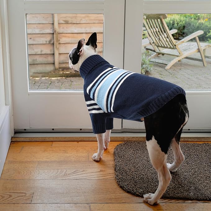 Queenmore Dog Striped Knitted Sweater, Turtleneck Pullover Pet Coat, Dog Winter Clothes with Leash Hole for Small Medium &Large Dogs(Navy Blue,XL)