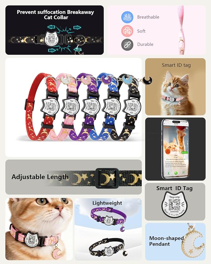 Star & Moon Breakaway Cat Collar with QR Code Tag (Pink & Purple) | Reflective Nylon, Quick-Release Buckle，Smart