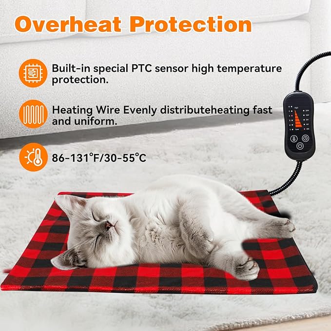 Pet Heating Pad, Adjustable Temperature Heated Cat Bed with Timer, Outdoor Waterproof Heated Dog Bed with Anti-Chew Cord, Overheat Protection Warming Mat for Cats and Puppies (S:17.7"x17.7")