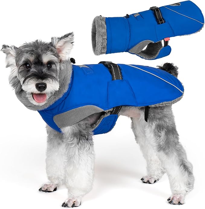 KYEESE Waterproof Dog Coat, Windproof Warm Winter Jacket with Thick Fleece Lined, Turtleneck Dog Coats for Small Dogs with Leash Hole, Reflective Outdoor Cold Weather Coat, Blue, Medium