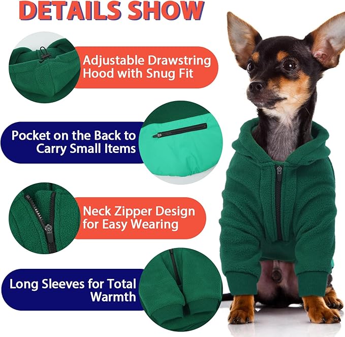 Dog Hoodie|Fleece Lined Sweatshirt with a Pocket on The Back,Drawstring Hooded Design,Zippered Collar Easy to Put on and Take Off,Suitable for Extra Small Dogs Chihuahua,Green,XS