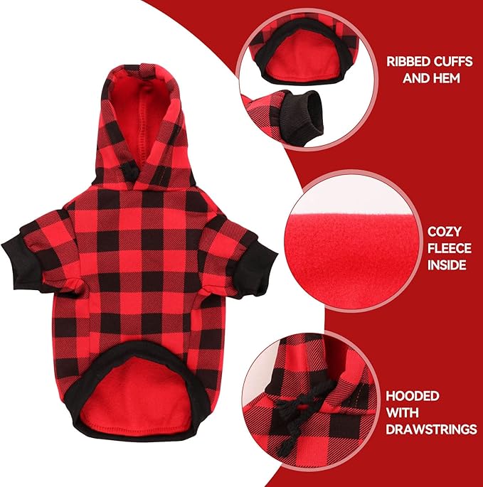 Dog Hoodie Sweater Red Buffalo Plaid Pet Clothes Warm and Soft Breathable Cozy Medium Pet Hoodie Dog Sweaters for Medium Dogs with Pocket(M)