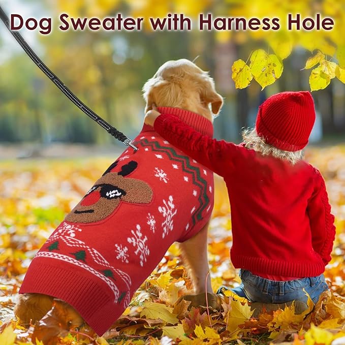 Dog Christmas Sweater, Red Knit Sweater with Leash Hole, Warm Turtleneck Sweaters for Medium Dogs Boy Girl, Fall Winter Pet Sweater Holiday Reindeer M